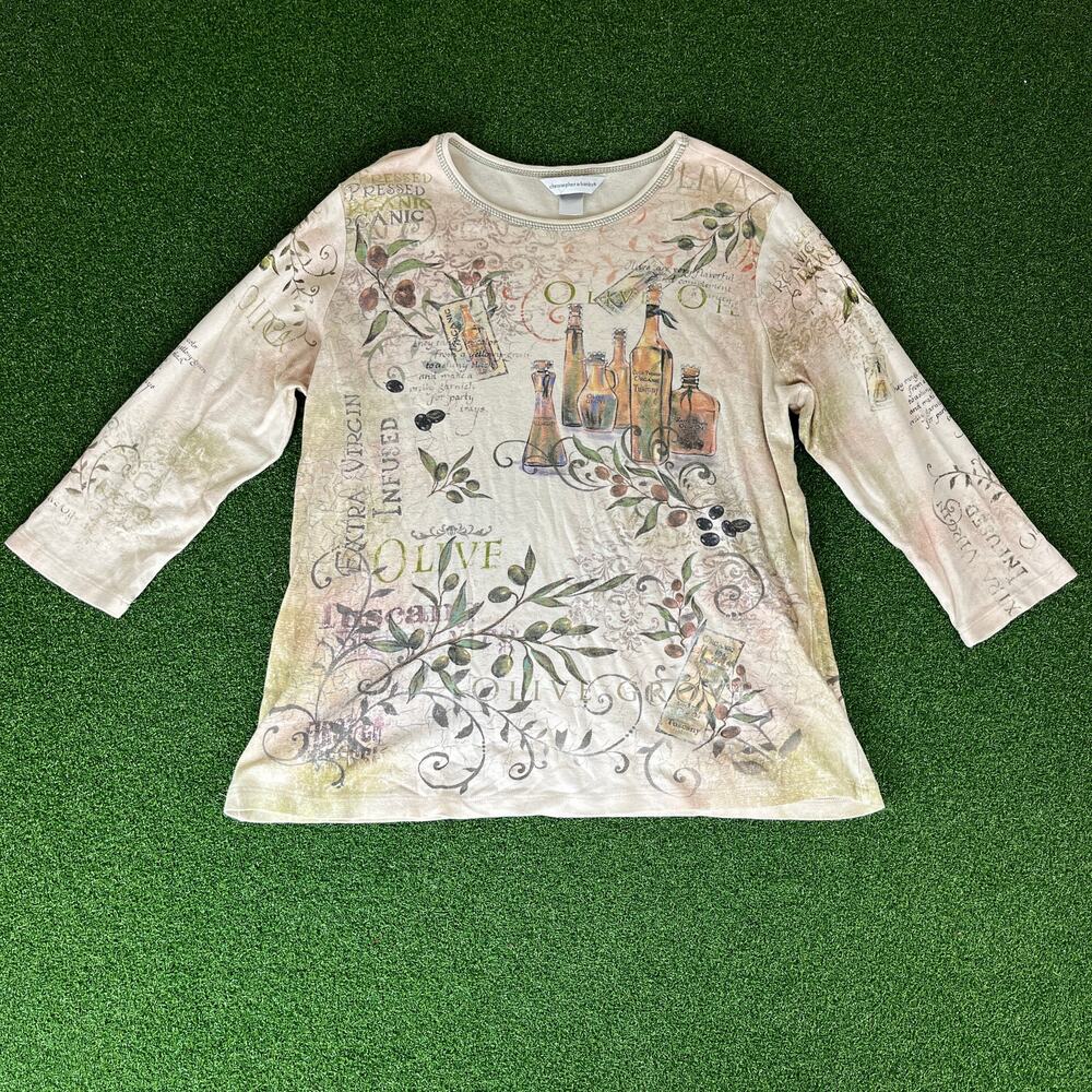 Christopher & Banks Womens Cream Green All Over Print 3/4 Sleeve Shirt XL